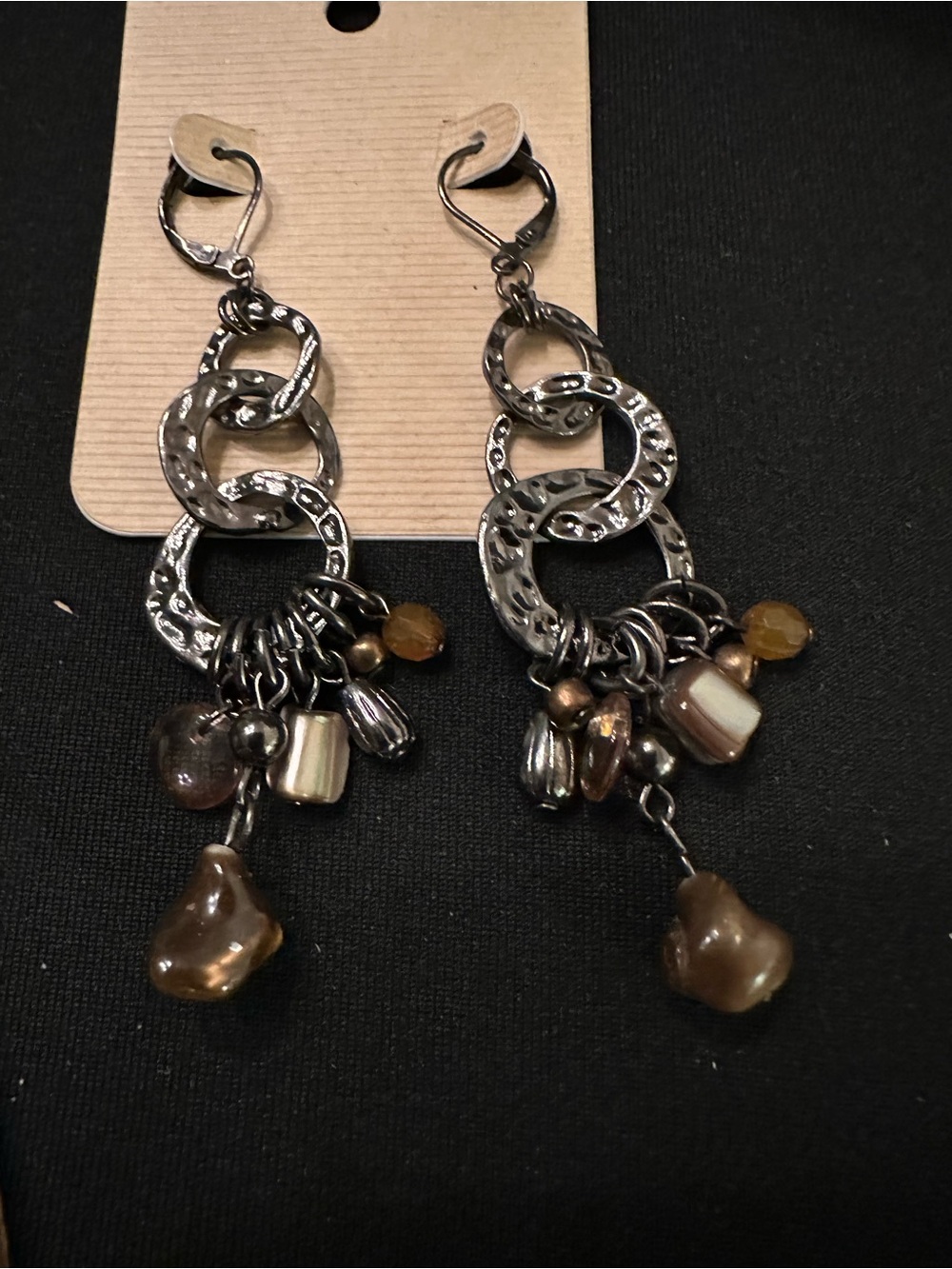Hammered Silver-Black tone Multi-Link Dangle Earrings with Brown Bead Charms